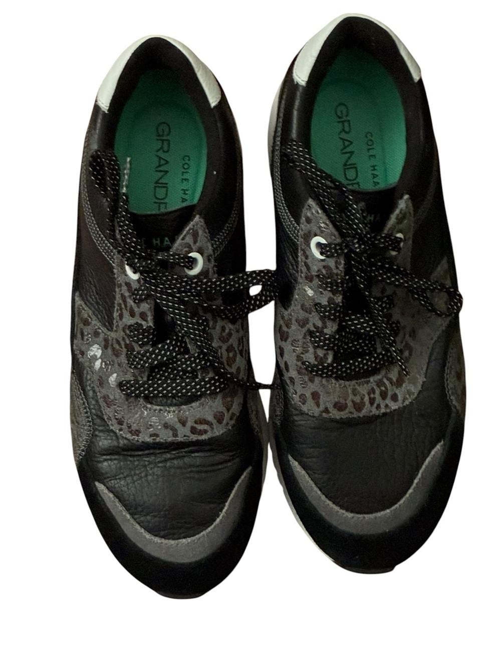 Cole Haan Black Sneakers with Gray Leopard Accents and Teal Insoles